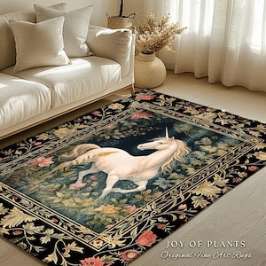 Folk Art Unicorn Area Rug | Princesscore Bedroom Decor William Morris Inspired Cottagecore Room Light Academia Style Rug Mystical Folklore