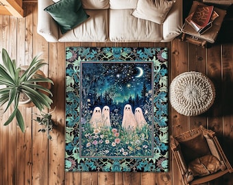 Wandering Spirits Moonrise Meadow Rug | Cozy Whimsical Ghostly Ambience Dark Cottagecore Floral Dream Starry Decor Soft Gothic Celestial |