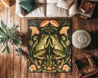 Woodland Whimsy Cottagecore Accent Rug | Boho Floral Bedroom Aesthetic Fairycore Frog Area Rug Botanical Folklore Scandinavian Toadstool