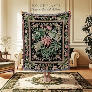 Earthy Vibes Monstera Tapestry | Cozy Woven Blanket Forestcore Vintage Summer Bedspread Tropical Goth Aesthetic Cottagecore Leafy Bedroom |