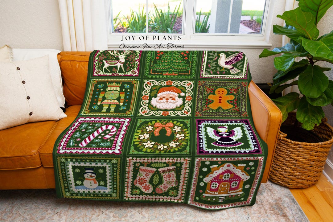 Retro Folk Art Cottagecore Christmas Blanket Vintage Patchwork Hygge ...