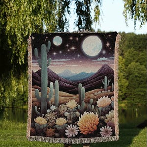 Desert Moon Celestial Blanket | Southwestern Home Decor Housewarming Gift Blanket Cactus Aesthetic Blanket Woven Tapestry Desert Plains Boho