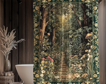 Botanical Bathroom Shower Curtain Fairycore | Woodland Mushroom Aesthetic Nature Lover Bookish Style Mushroom Fairy Core Emerald Green Decor