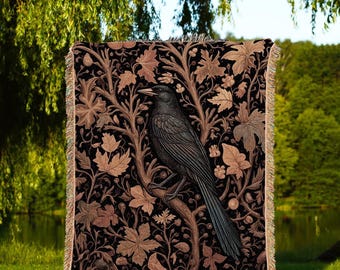 Rustic Autumn Farmhouse Vintage Aesthetic Dark Botanical Crow Tapestry Blanket | Witch Cottagecore Raven Throw Gothic Woodland Fall Foliage