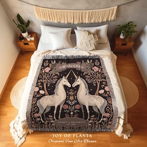 Boho Unicorn Couple Custom Throw Blanket | Fairytale Aesthetic Pastel Wedding Anniversary Scandinavian Dating Gift &#39;Til Death do us Part&#39; |
