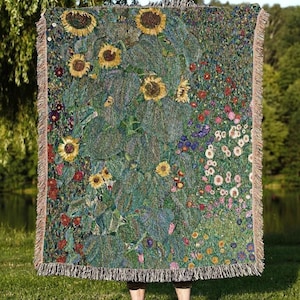 Klimt Tapestry 'Farm Garden with Sunflowers' | Gustav Klimt Sunflower Painting Fine Art Blanket Woven Throw | Famous Art Painting Blanket |
