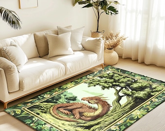 Woodland Dragon Rug Enchanted Forest Tree Folklore Cottagecore Home, Mystical Medieval Aesthetic Sage Green Accent Rustic Fantasy Goblincore