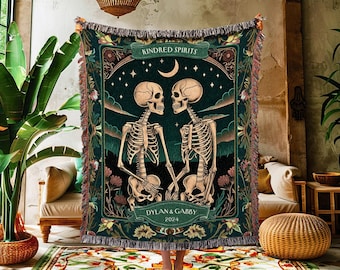 Lovers Tarot Card Custom Skeleton Tapestry | First Year Anniversary Blanket Gothic Skeleton Lover Gift for Boyfriend Personalized Couple |