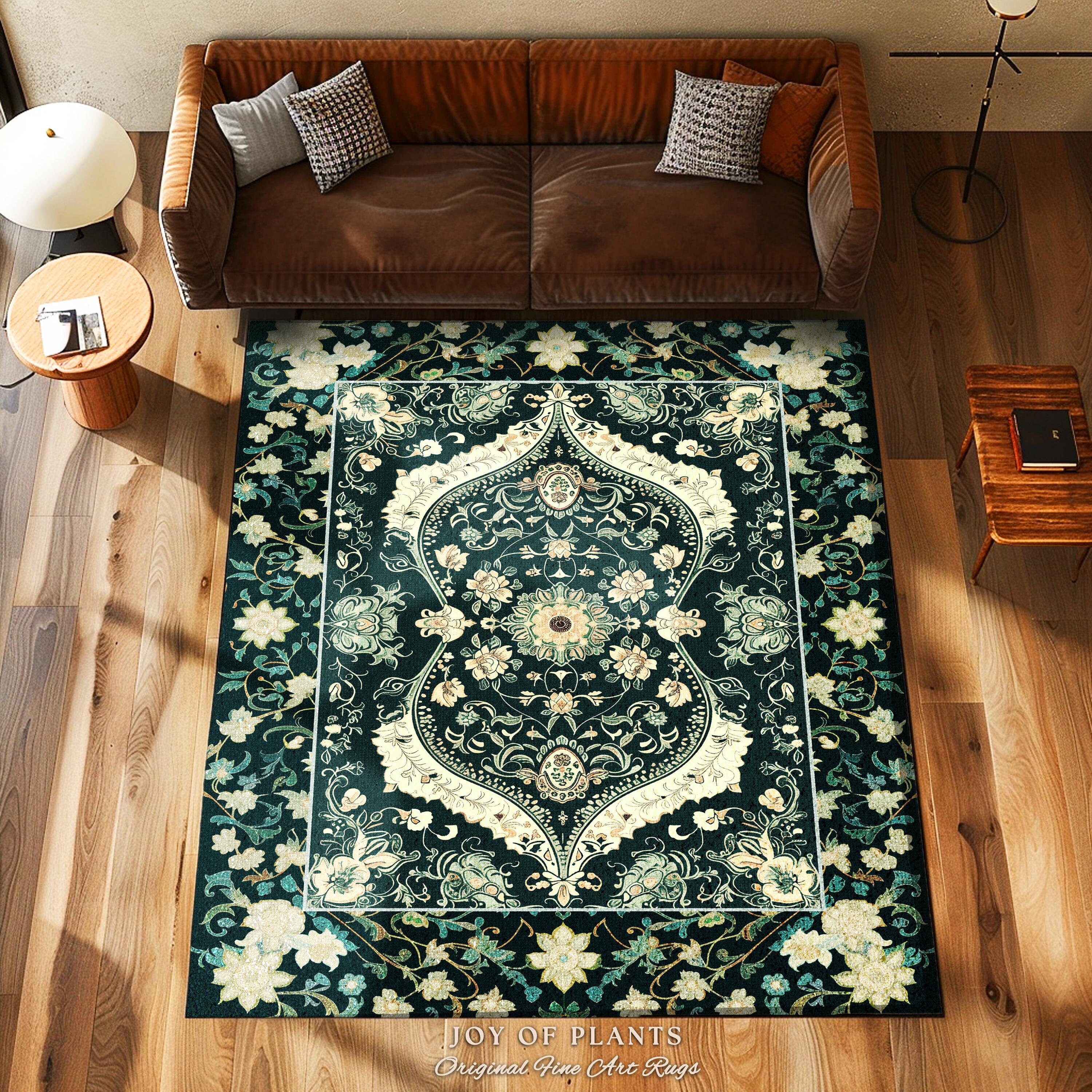 Elegant Emerald Green Art Nouveau Living Room Rug | Boho Room