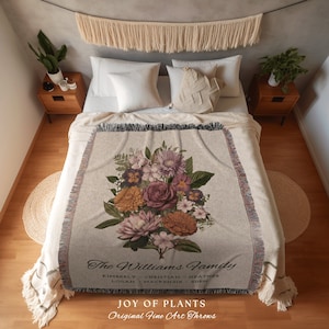 Custom Birth Flower Family Bouquet Personalized Blanket Gift for Mom Grandma Garden Floral Family Portrait  Vintage Birth Month Art Tapestry