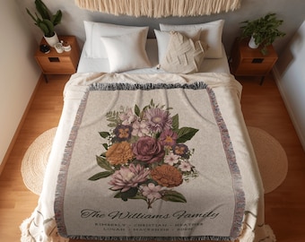 Custom Birth Flower Family Bouquet Personalized Blanket Gift for Mom Grandma Garden Floral Family Portrait  Vintage Birth Month Art Tapestry