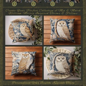 May include: Four different throw pillow designs featuring a brown and white owl perched on a branch with blue and green foliage. The pillows are on a wooden surface with a wicker basket. The text "Create Your Perfect Collection of Mix & Match William Morris Inspired Throws & Pillows" is below the pillows.