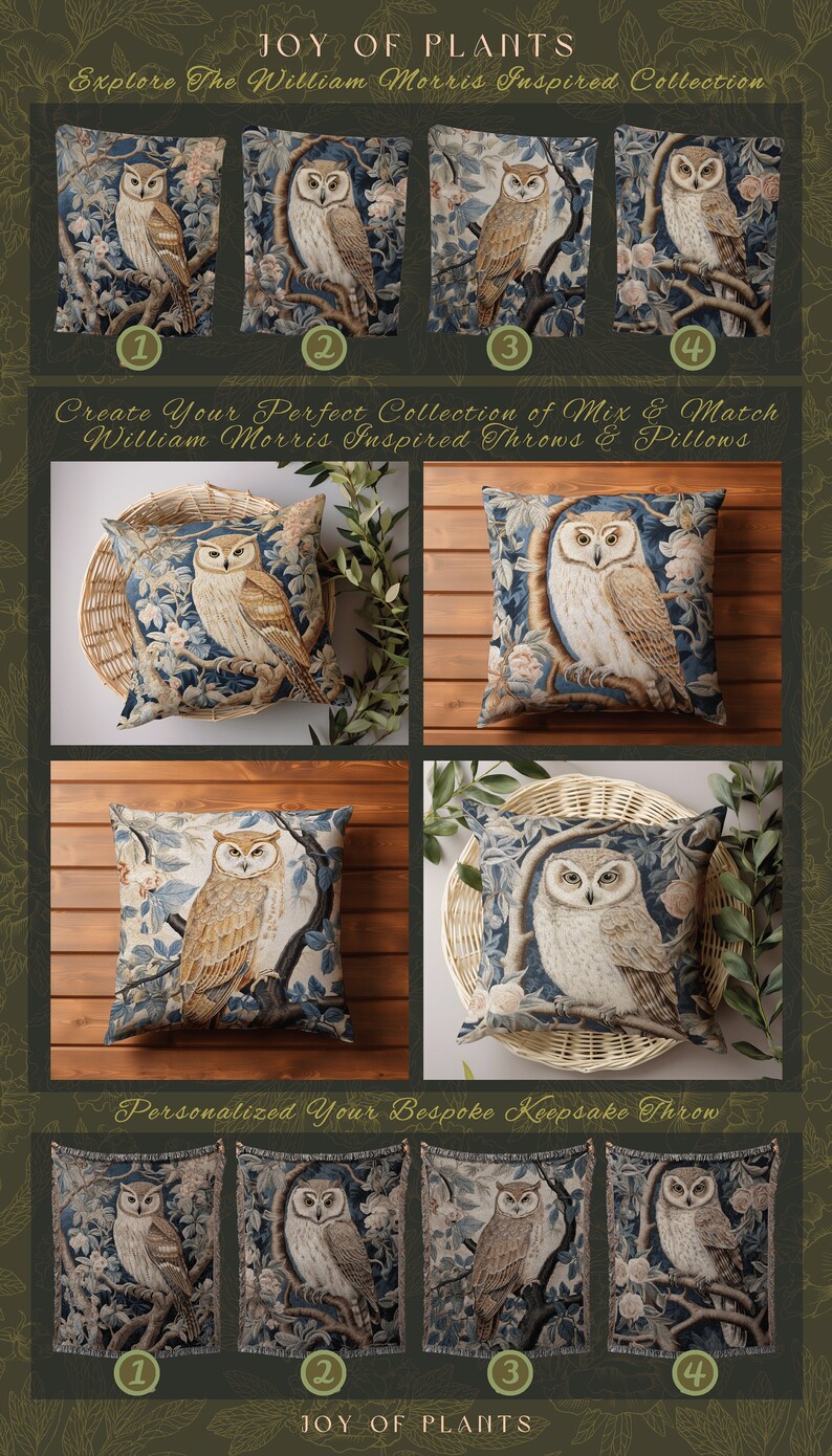 May include: Four different throw pillow designs featuring a brown and white owl perched on a branch with blue and green foliage. The pillows are on a wooden surface with a wicker basket. The text "Create Your Perfect Collection of Mix & Match William Morris Inspired Throws & Pillows" is below the pillows.