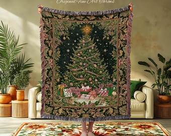 Cottagecore Holiday Tree Blanket | Rustic Christmas Present Tapestry Whimsical Decor Festive Bohemian Style Woven Throw Vintage Cozy Winter