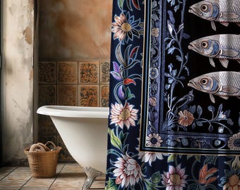 Midnight Purple Sardine Shower Curtain | Ethereal Botanical Beach House Bathroom Eclectic Marine Life Nautical Coastal Aesthetic Whimsical |