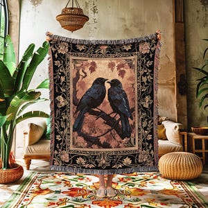 Raven Aesthetic Decor Gothic Tapestry Woven | Crow Wall Art Blanket Woven Wall Hanging | Woodland Aesthetic Halloween Gothic Crow Blanket | image 7