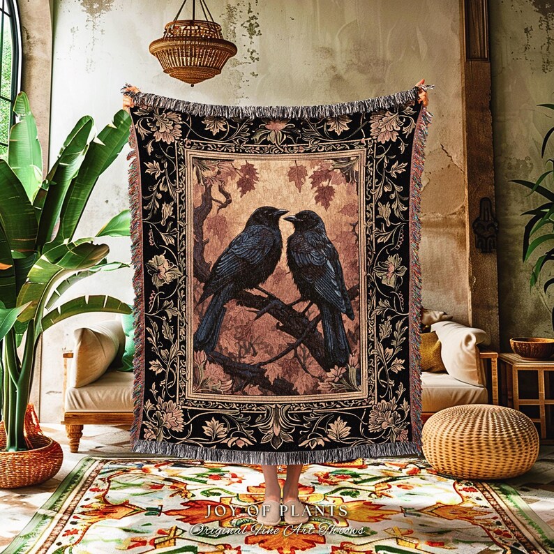 Raven Aesthetic Decor Gothic Tapestry Woven | Crow Wall Art Blanket Woven Wall Hanging | Woodland Aesthetic Halloween Gothic Crow Blanket | image 7