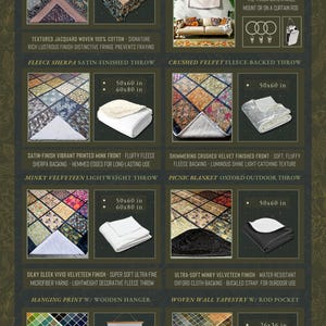 The image is a collection of various textiles and fabrics, including throw blankets, tapestries, and wall art, arranged in a grid format.