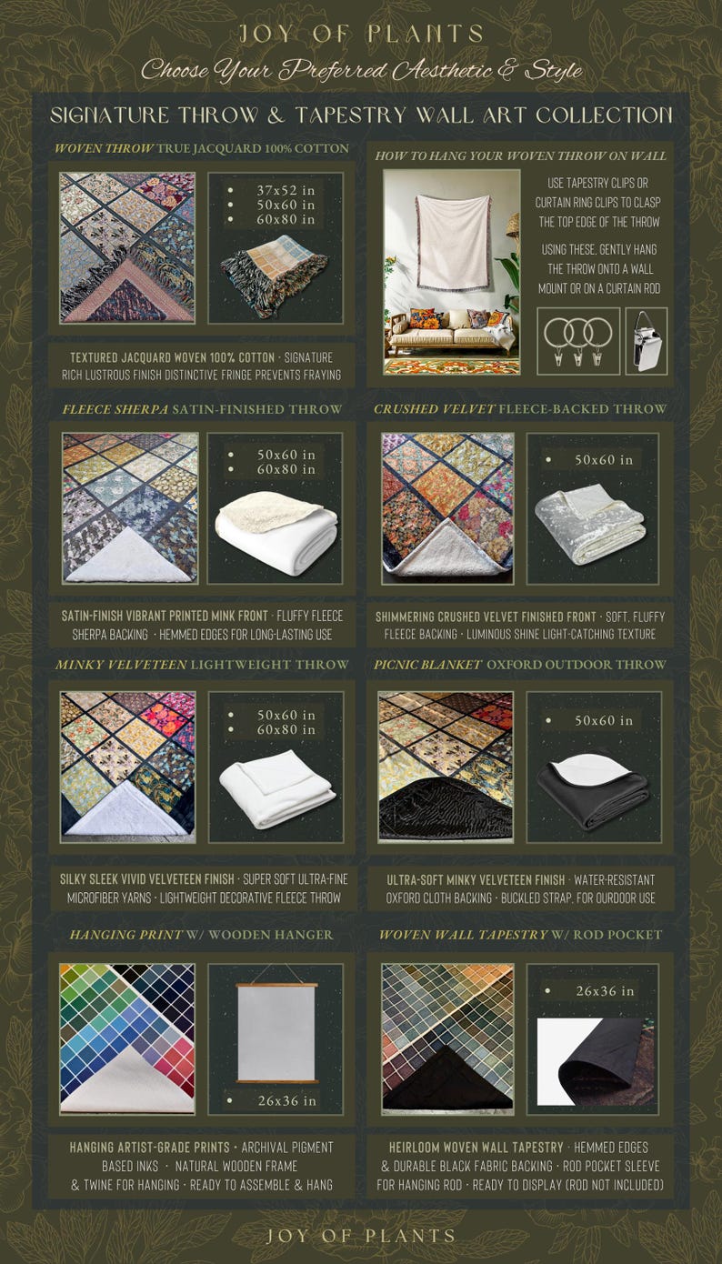 The image is a collection of various textiles and fabrics, including throw blankets, tapestries, and wall art, arranged in a grid format.