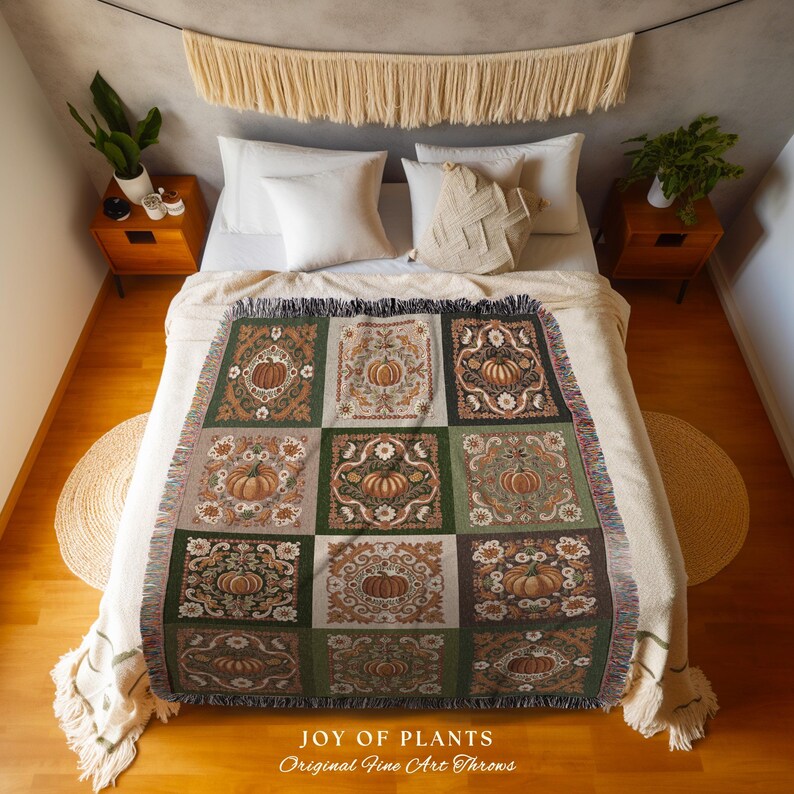 Retro Fall Pumpkin Blanket Woven Cozy | Autumn Colors Home Decor Whimsical Halloween Throw Blanket Book Nook Room Decor Fall Vibes Cute | image 2