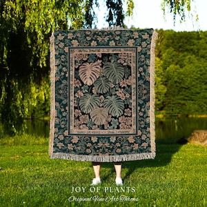 Enchanted Grove Woven Fringe Tapestry | Forestcore Home Decor Cottagecore Maximalist Blanket Whimsical Monstera Vibes Trendy Bedroom Artwork