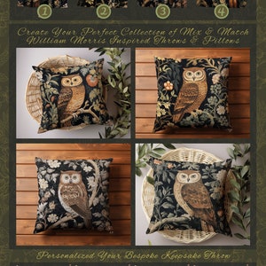 Op de afbeelding: Vier verschillende kussenhoesontwerpen met een bruine uil op een zwarte achtergrond met bloemmotieven. De kussens zijn in een rasterpatroon gerangschikt. De tekst "Create Your Perfect Collection of Mix & Match William Morris Inspired Throws & Pillows" wordt onder de kussens weergegeven.