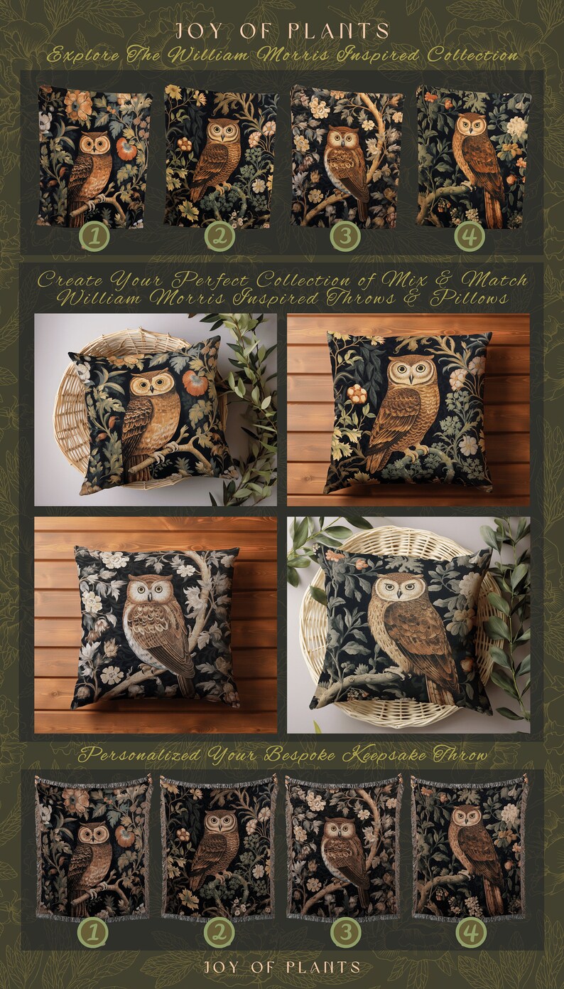Op de afbeelding: Vier verschillende kussenhoesontwerpen met een bruine uil op een zwarte achtergrond met bloemmotieven. De kussens zijn in een rasterpatroon gerangschikt. De tekst "Create Your Perfect Collection of Mix & Match William Morris Inspired Throws & Pillows" wordt onder de kussens weergegeven.