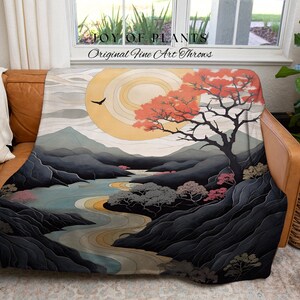 Japanese Landscape Mountain Sun Tapestry Woven Throw Blanket Tree Tapestry Art Woven Blanket with Nature Japanese Aesthetic Artful Blanket image 6