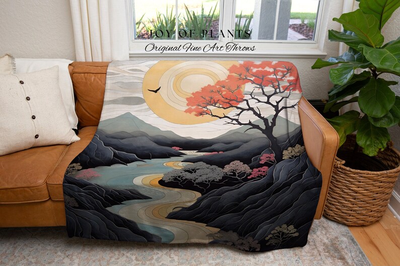 Japanese Landscape Mountain Sun Tapestry Woven Throw Blanket Tree Tapestry Art Woven Blanket with Nature Japanese Aesthetic Artful Blanket image 6