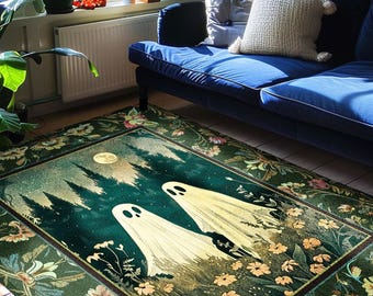 Celestial Ghost Lovers Decor Dark Woodland Moon Celestial Magic Meadows Rug | Cottagegoth Spooky Spirits Whimsical Enchanted Fairycore Decor