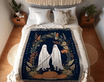 Couples Blanket 'Kindred Spirits' Custom Tapestry Woven | Personalized Ghost Blanket Anniversary Gift for Goth Couple | Halloween Blanket |