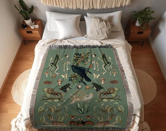Sage Green Goblincore Blanket Woven | Gothic Room Decor Bat Tapestry | Dark Academia Tapestry Woodland Gothic | Crowcore Tapestry Blanket |