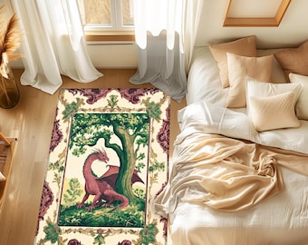 Goblincore Dragon Rug Scandinavian Woodland Fantasy Country Cottagecore | Mystical Mythical Decor Rustic Medieval Folk Art Retro Home Accent