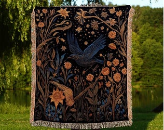 Dark Academia Raven Woven Throw Blanket Crow Wall Art Woven Wall Hanging Gothic Decor Crowcore Aestheic Dark Cottagecore Blanket Cotton