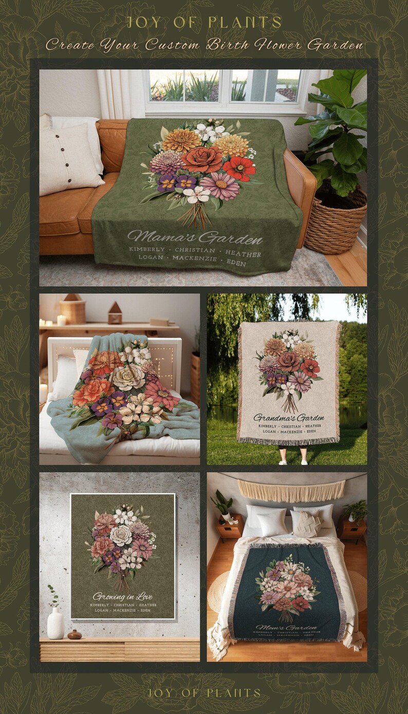 Grandmas Garden Custom Birth Flower Blanket Personalized Family Names Gift Mimi'S Garden Birth Month Flower Custom Bouquet Blanket Woven imagen 10