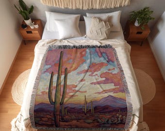 Moody Desert Landscape Blanket | Whimsical Home Decor Housewarming Gift Blanket Cactus Aesthetic Blanket Woven Tapestry Southwest Landscape