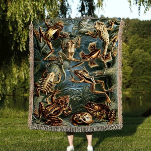 Vintage Toad Tapestry Woven | Frog Blanket Woven Throw Blanket | Ernst Haeckel Frog Painting | Frog Decor | Maximalist Decor Couch Blanket |