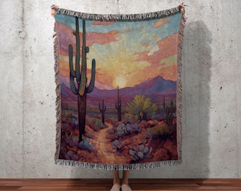 Mystic Landscape Desert Blanket | Whimsical Home Decor Housewarming Gift Blanket Cactus Aesthetic Blanket Woven Tapestry Southwest Landscape