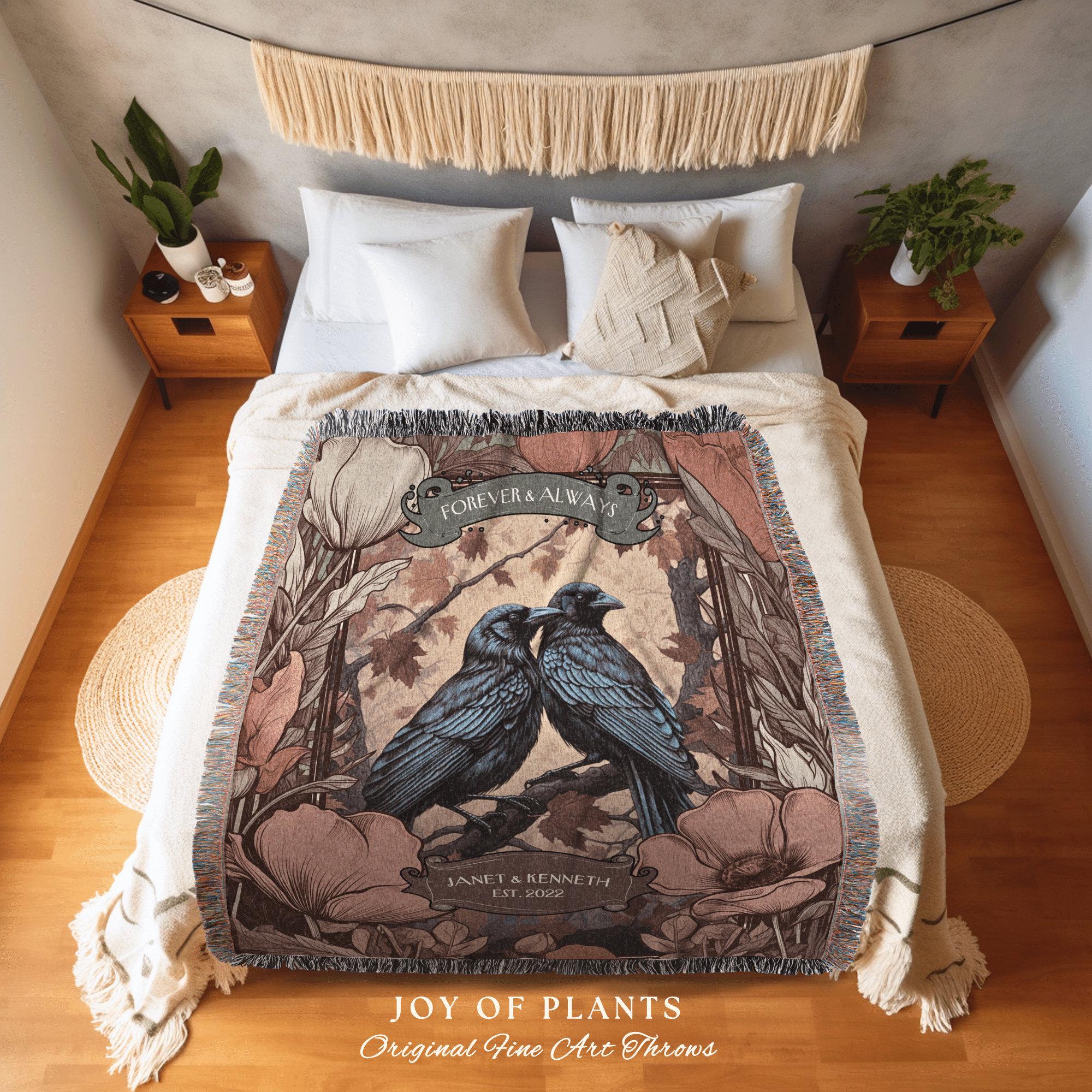 Raven Couple Blanket Personalized Names | Crowcore Aesthetic Woven Throw Custom Dating Anniversary 'Til Death do us Part'  Crow Tapestry |