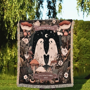 Cottagecore Ghost Couple Woven Tapestry | Boho Wedding Anniversary Gift Personalized Mr & Mrs Custom Ghost Couple Witchy Throw Blanket Cute immagine 7