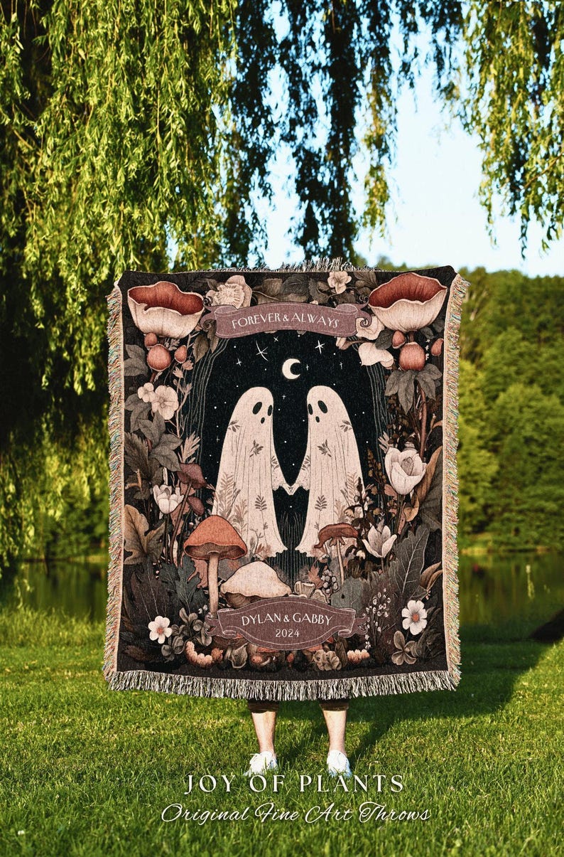 Cottagecore Ghost Couple Woven Tapestry | Boho Wedding Anniversary Gift Personalized Mr & Mrs Custom Ghost Couple Witchy Throw Blanket Cute immagine 7