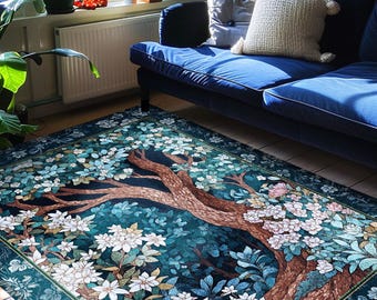 Bohemian Tree Rug Magical Aesthetic | Folklore Room Decor Ethereal Area Rug Nature Inspired Woodland Magic Wildflower Fairy Inspired Bedroom