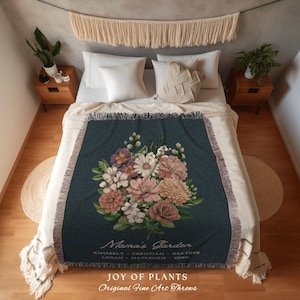 Grandma Garden Blanket Personalized | Family Names Gift Mimi&#39;s Garden Birth Month Flower Custom Bouquet Custom Mom Blanket Woven Tapestry |