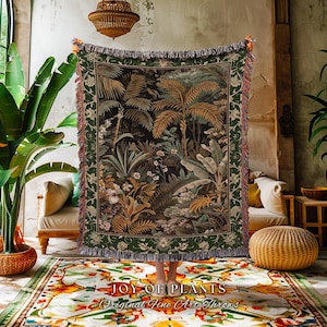 Maximalist Botanical Jungle Throw Blanket | Exotic Leaf Tropical Nature Theme Bedroom Decor Vintage Elegance Living Room Woven Tapestry |