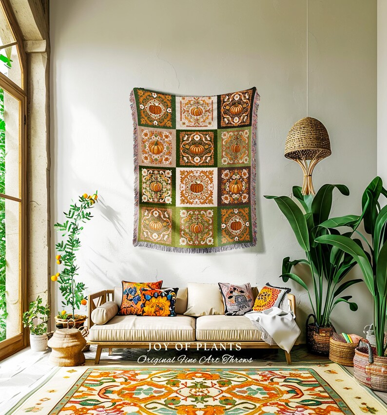 Retro Fall Pumpkin Blanket Woven Cozy | Autumn Colors Home Decor Whimsical Halloween Throw Blanket Book Nook Room Decor Fall Vibes Cute | image 9