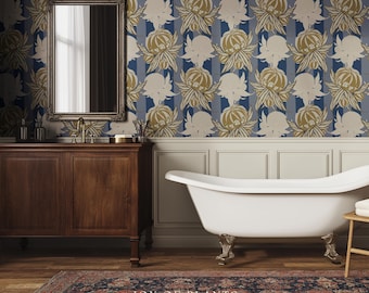 Art Deco Parisian Floral Wallpaper | Bold Boutique Flower Wall Art Cobalt Home Decor Muted Color Palette Renter Friendly Elegant Bedroom