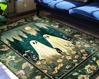Celestial Ghost Lovers Decor Dark Woodland Moon Celestial Magic Meadows Rug | Cottagegoth Spooky Spirits Whimsical Enchanted Fairycore Decor