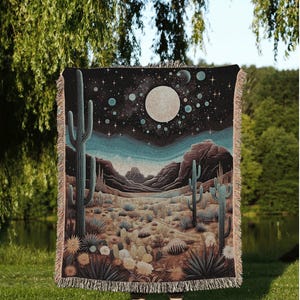 Moody Landscape Desert Blanket | Southwestern Home Decor Housewarming Gift Blanket Cactus Aesthetic Blanket Woven Tapestry Southwestern Art