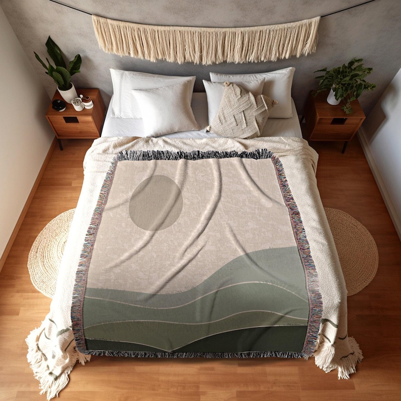 Sage Green Throw Blanket Boho Throw Blanket Woven Abstract Landscape Tapestry | Boho Decor Bedroom Throws Abstract Woven Blanket Boho Decor Bild 3