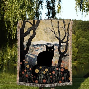 Vintage Fall Aesthetic Halloween Tapestry Black Cat Woven Throw Blanket | Autumn Decor Black Cat Halloween Decor Dark Cottagecore Tapestry